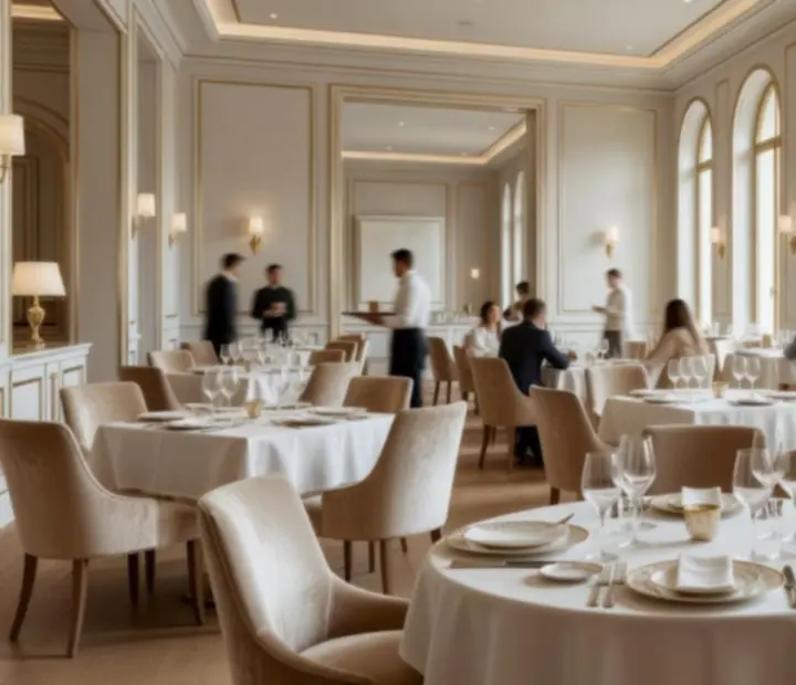 Luxusní interiér restaurace Boheluxat s elegantním osvětlením a hosty u stolů