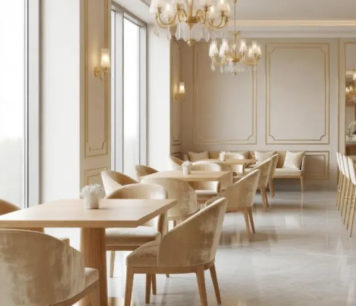Elegantn&iacute; světl&yacute; interi&eacute;r restaurace Boheluxat s př&iacute;rodn&iacute;m dřevem a zlat&yacute;mi detaily