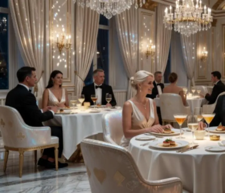 Elegantní večerní interiér restaurace a lounge Boheluxat se světlem křišťálových lustrů