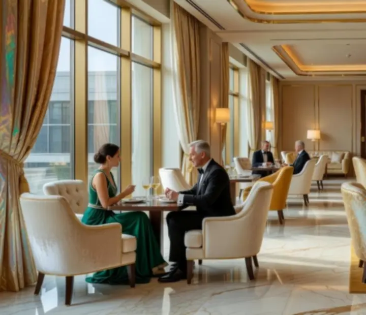 Elegantní interiér Boheluxat lounge s tlumeným osvětlením a luxusními stoly.