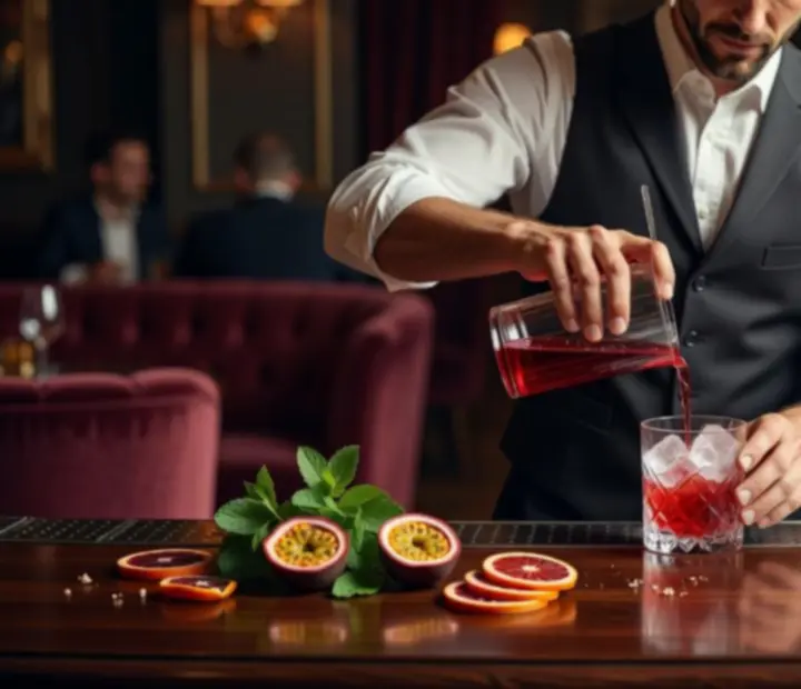 Barman v Boheluxat lounge připravuje prémiový koktejl u elegantního baru