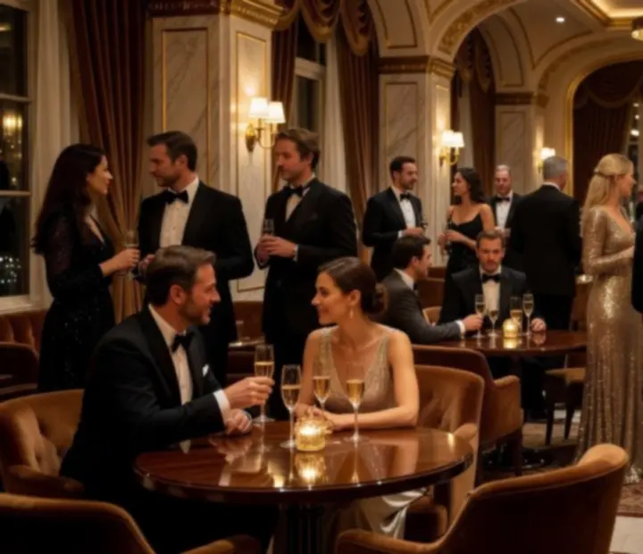 Záběr na glamourovou atmosféru Boheluxat lounge se zlatými detaily a tlumeným světlem