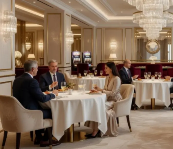 Luxusní interiér restaurace Boheluxat s elegantními stoly a teplým osvětlením
