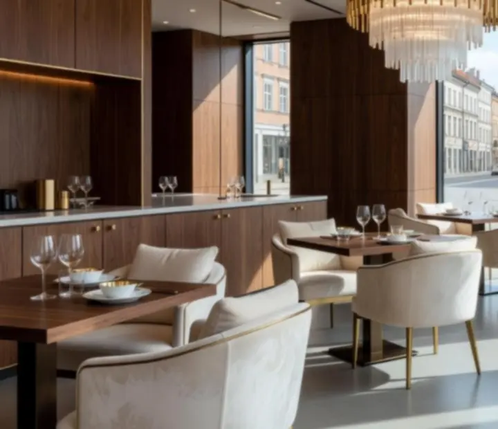 Luxusní interiér restaurace a casino lounge Boheluxat s architektonickými detaily
