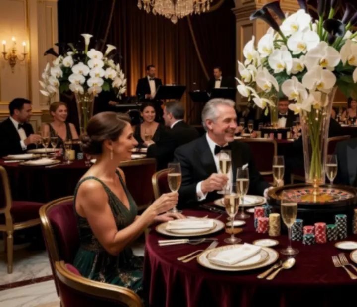 Elegantní tematický večer s hosty u stolu v restauraci a casino lounge Boheluxat